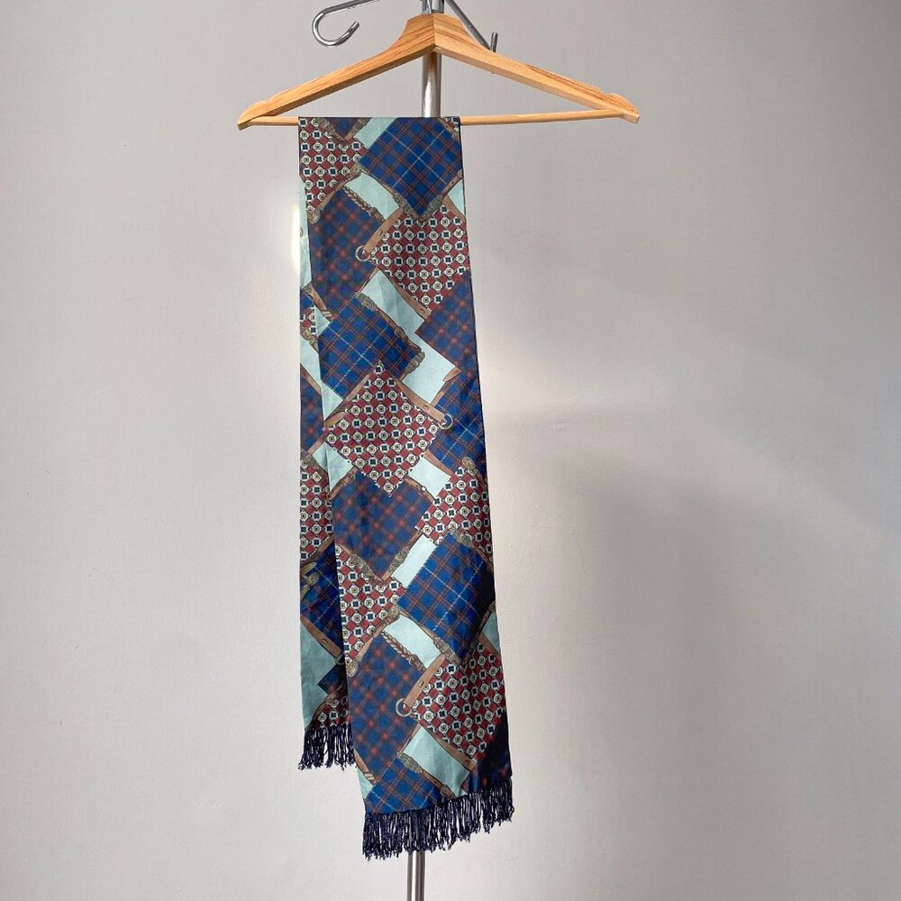 ❄️ Vintage Blue Green Burgundy Preppy Plaid  Long Fringed Silky Scarf
